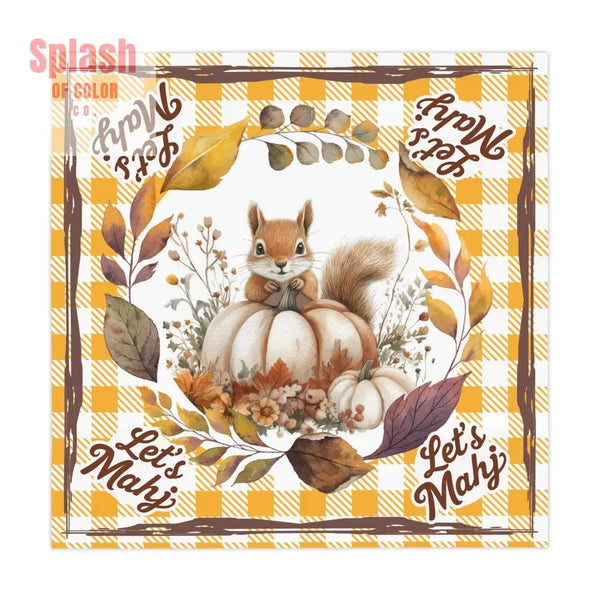 Let’s Mahj Autumn Squirrel Tablecloth Yellow Plaid Mahjong Game Day Tablecloth Thanksgiving Table Setting Rustic