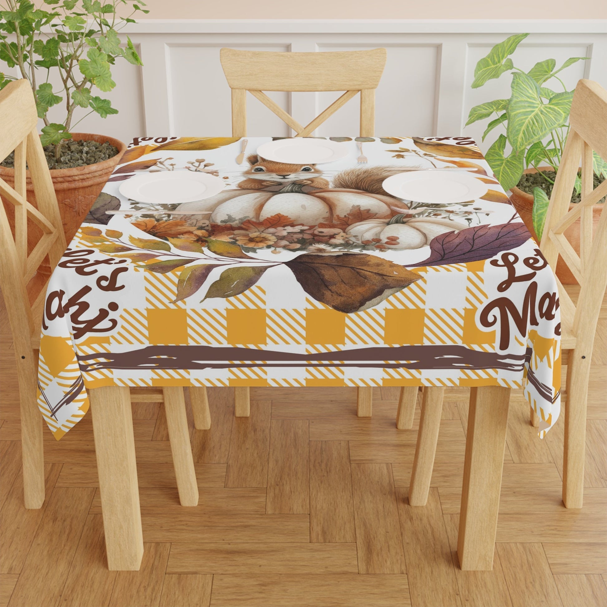 Let’s Mahj Autumn Squirrel Tablecloth Yellow Plaid Mahjong Game Day Tablecloth Thanksgiving Table Setting Rustic