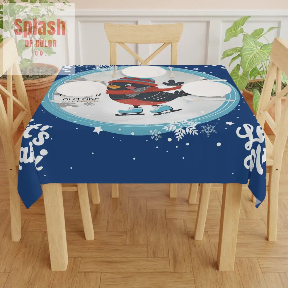 Let’s Mahj Christmas Winter Wonderland Tablecloth Royal Blue Whimsical Skating Bird Mahjong Christmas Seasonal Decor