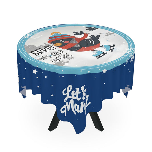 Let’s Mahj Christmas Winter Wonderland Tablecloth Royal Blue Whimsical Skating Bird Mahjong Christmas Seasonal Decor