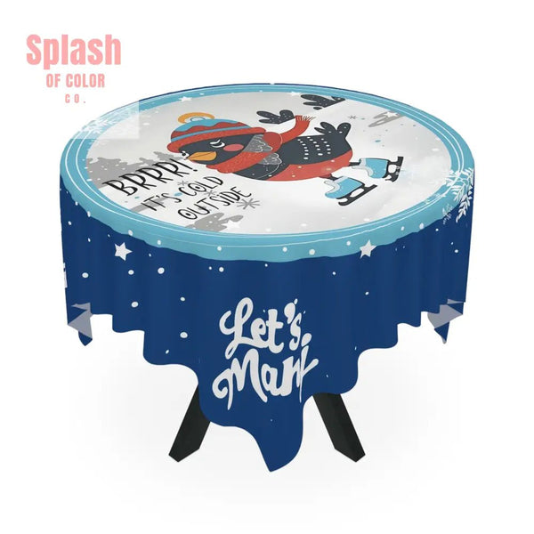 Let’s Mahj Christmas Winter Wonderland Tablecloth Royal Blue Whimsical Skating Bird Mahjong Christmas Seasonal Decor