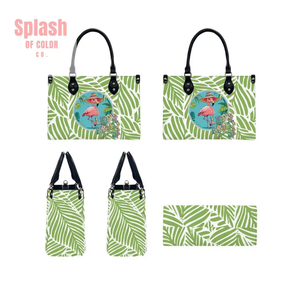 Let’s Mahj Whimsical Pink Flamingo Mahjong Lover Green Tropical Shoulder Bag Handbag Travel Handbag