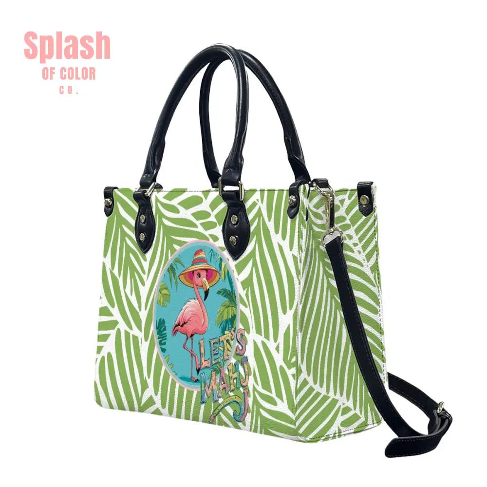 Let’s Mahj Whimsical Pink Flamingo Mahjong Lover Green Tropical Shoulder Bag Handbag Travel Handbag