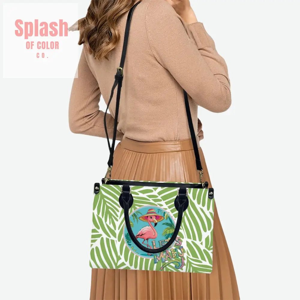 Let’s Mahj Whimsical Pink Flamingo Mahjong Lover Green Tropical Shoulder Bag Handbag Travel Handbag