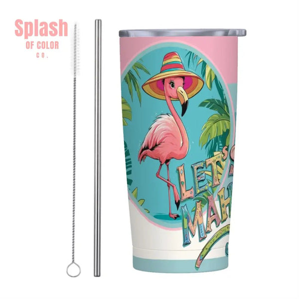 Let's Mahj, Whimsical Tropical Flamingo Mahjong Stainless Steel Insulated Tumblers with Lid & Straw - Splash of Color co.