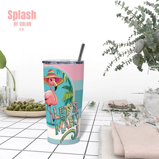 Let's Mahj, Whimsical Tropical Flamingo Mahjong Stainless Steel Insulated Tumblers with Lid & Straw - Splash of Color co.