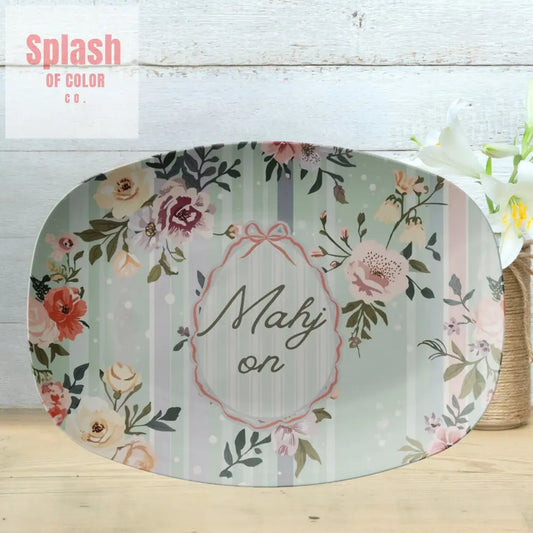Mahj On Hostess Party Platter Floral Green Preppy Hues Of Color - Kitchenware
