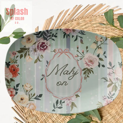 Mahj On Hostess Party Platter Floral Green Preppy Hues Of Color - Kitchenware