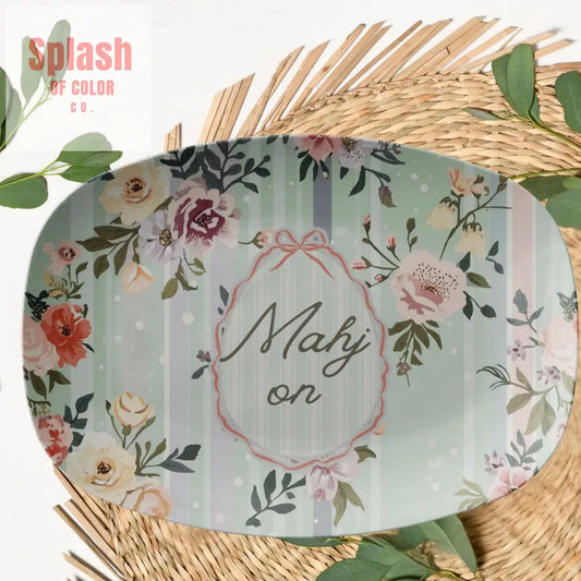 Mahj On Hostess Party Platter Floral Green Preppy Hues Of Color - Kitchenware