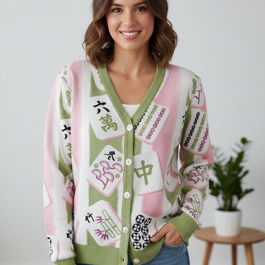 Mahjong Preppy Button Down Cardigan Sweater, Pink Green Striped - Splash of Color co.