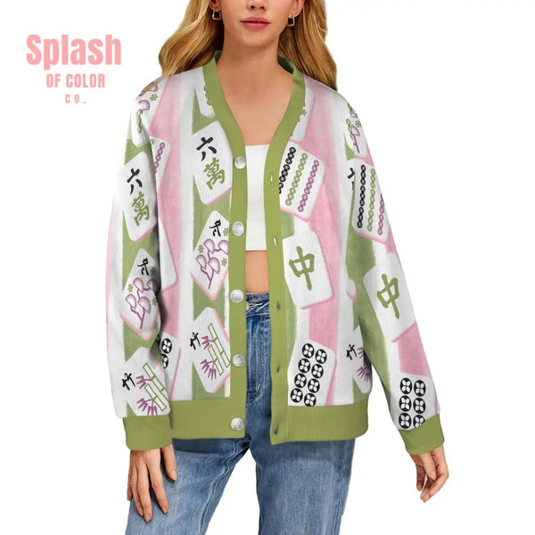 Mahjong Preppy Button Down Cardigan Sweater, Pink Green Striped - Splash of Color co.