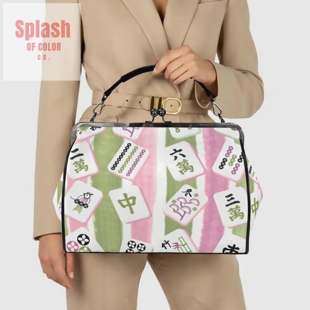 Mahjong Lover, Vintage Kisslock Green Pink Preppy Crossbody Shoulder Bag - Splash of Color co.
