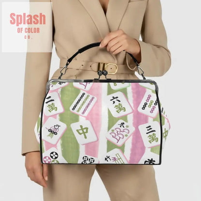 Mahjong Lover, Vintage Kisslock Green Pink Preppy Crossbody Shoulder Bag - Splash of Color co.