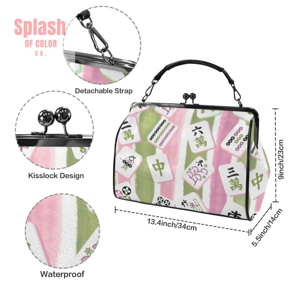 Mahjong Lover, Vintage Kisslock Green Pink Preppy Crossbody Shoulder Bag - Splash of Color co.