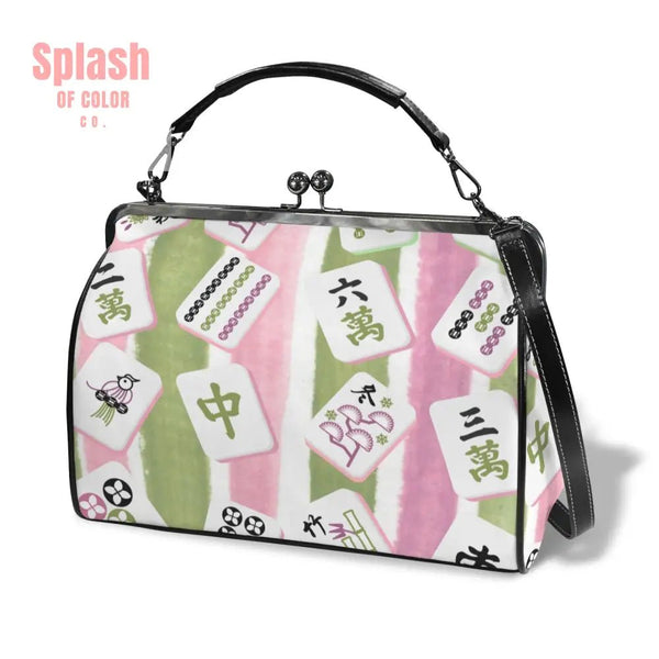 Mahjong Lover, Vintage Kisslock Green Pink Preppy Crossbody Shoulder Bag - Splash of Color co.