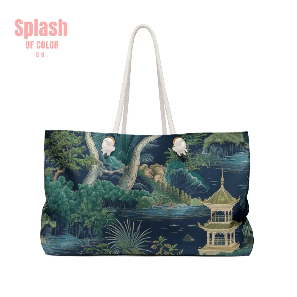 Mahjong Asian Chinoiserie Blue Green Elegant Tile Travel Tote - 24’’ × 13’’ - Bags