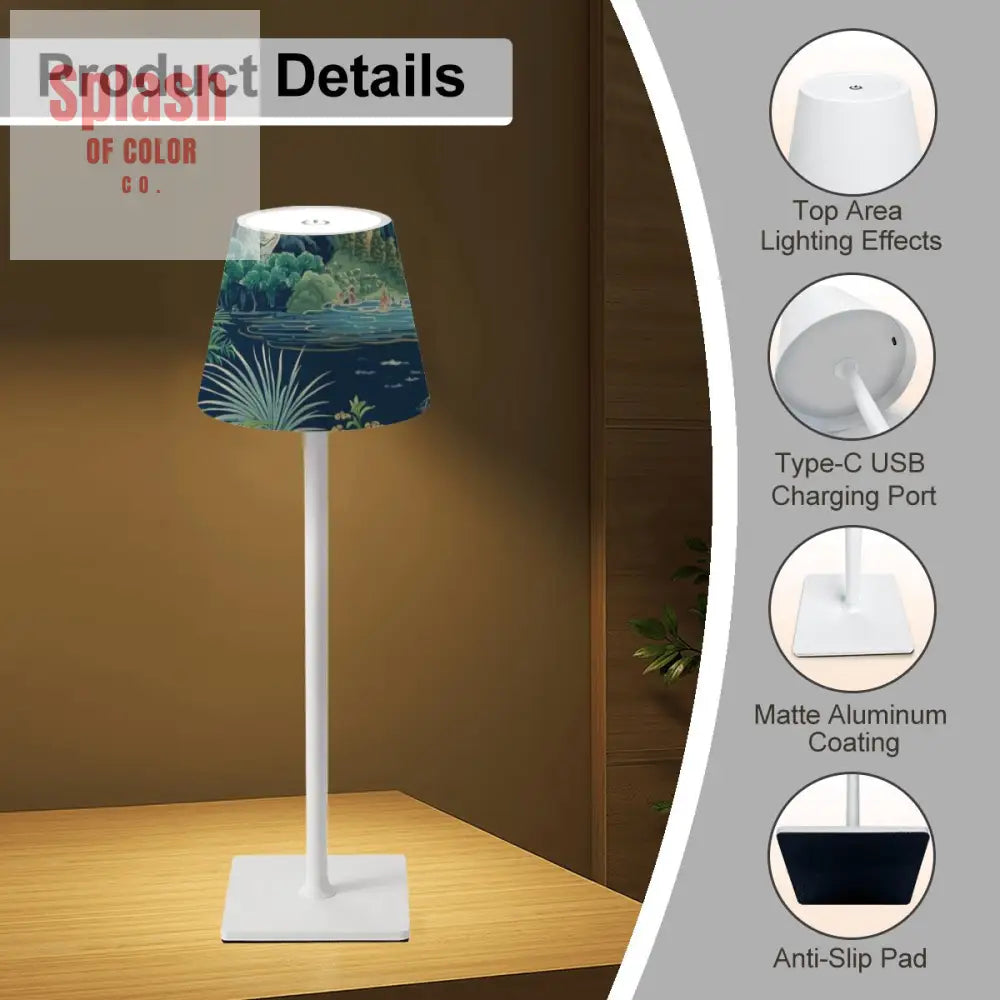 Mahjong Asian Chinoiserie Blue Green Zen Garden LED Cordless Table Lamp - 4.3’’x4.3’’x14.8’’ - Desk Lamps