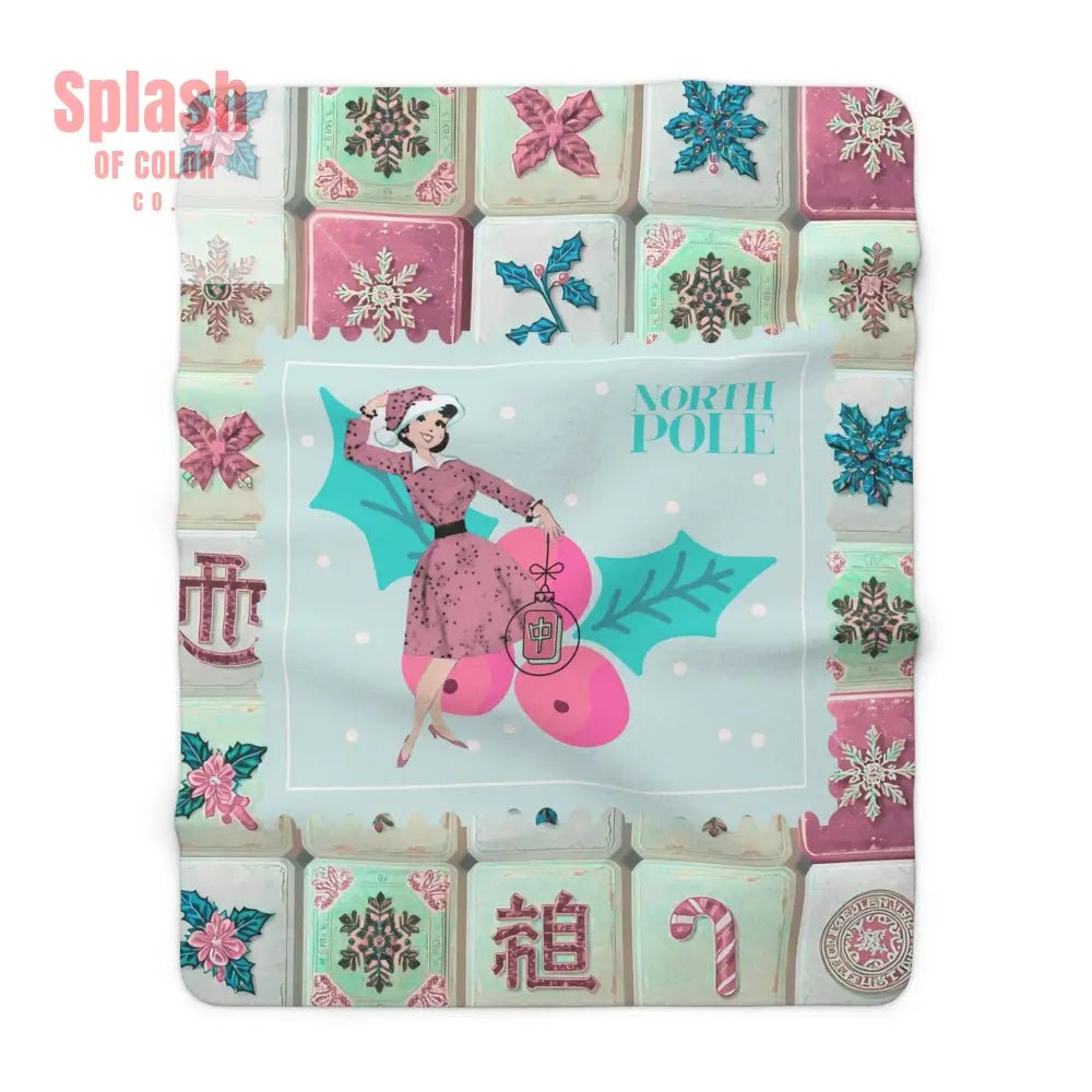 Mahjong Christmas Blanket, Nostalgic Vintage Christmas Stamp Sherpa Blanket - Splash of Color co.