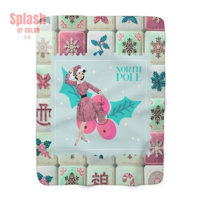 Mahjong Christmas Blanket, Nostalgic Vintage Christmas Stamp Sherpa Blanket - Splash of Color co.