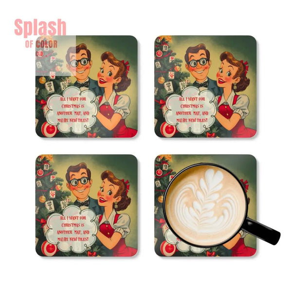 Mahjong Christmas Coasters, Funny All I Want For Christmas Mahj Fanatic Vintage Holiday Cork Coaster Set - Splash of Color co.
