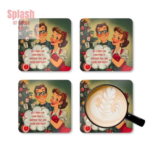 Mahjong Christmas Coasters, Funny All I Want For Christmas Mahj Fanatic Vintage Holiday Cork Coaster Set - Splash of Color co.
