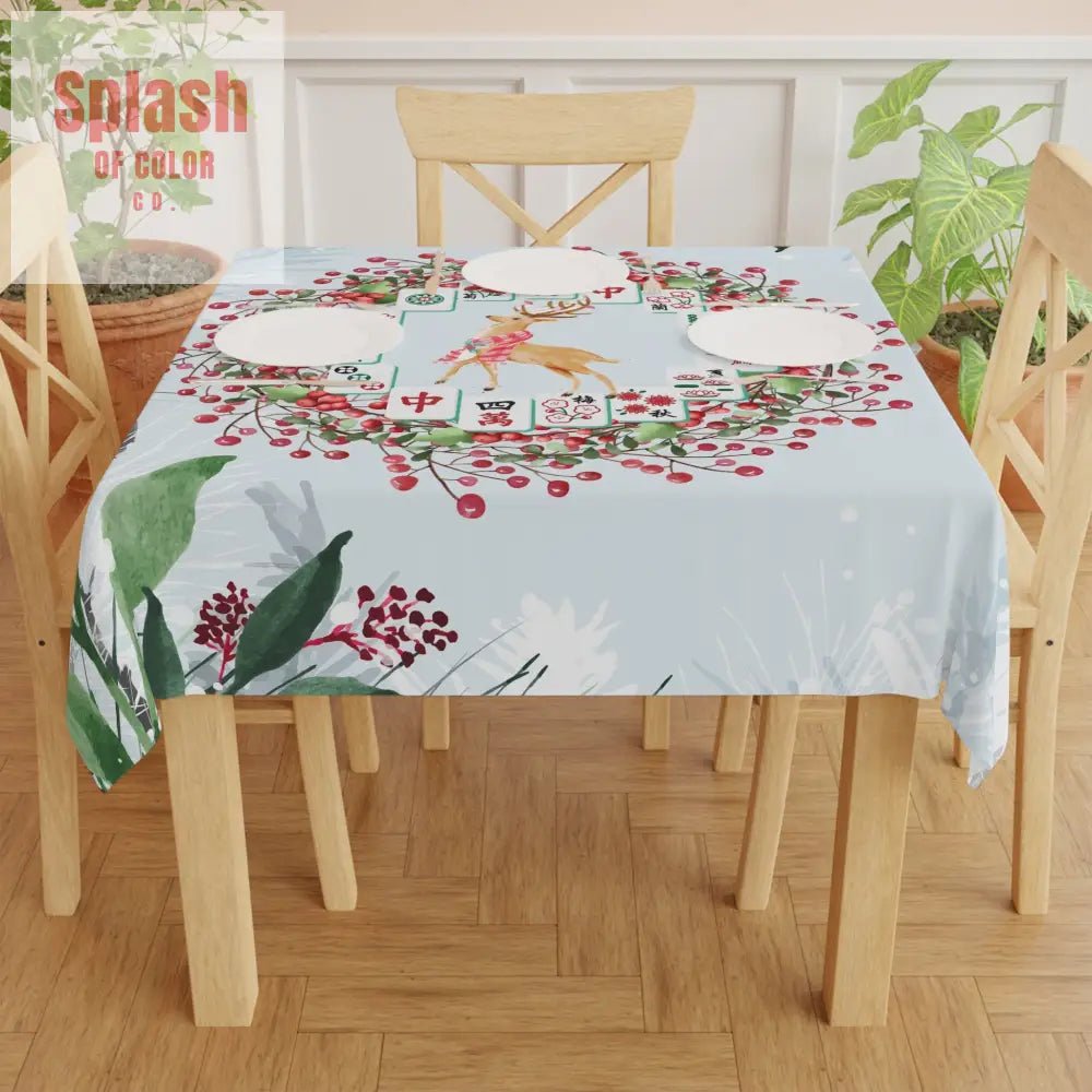 Mahjong Christmas Festive Holiday Tablecloth with Winter Wreath Mahj Tile Design - Splash of Color co.