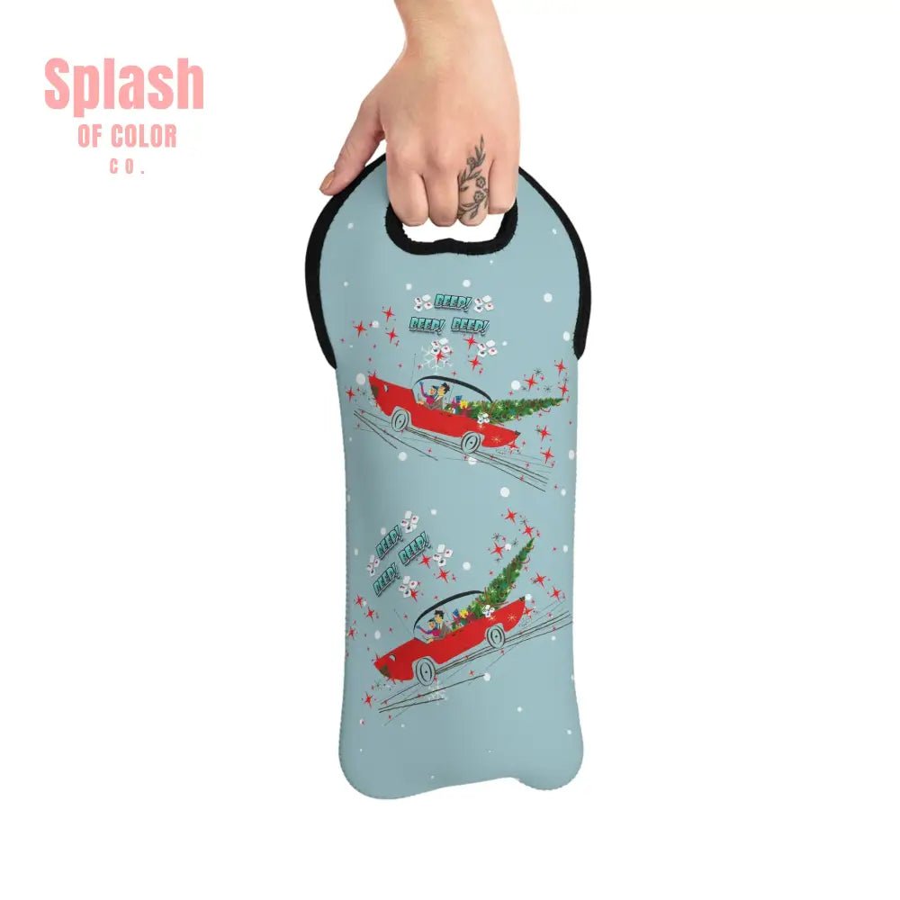 Mahjong Christmas Festive Wine Tote Bag with Retro Car Design, Holiday Gift, Wine Lover's Accessory - Splash of Color co.