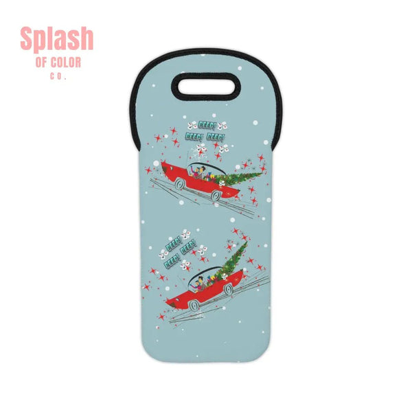 Mahjong Christmas Festive Wine Tote Bag with Retro Car Design, Holiday Gift, Wine Lover's Accessory - Splash of Color co.
