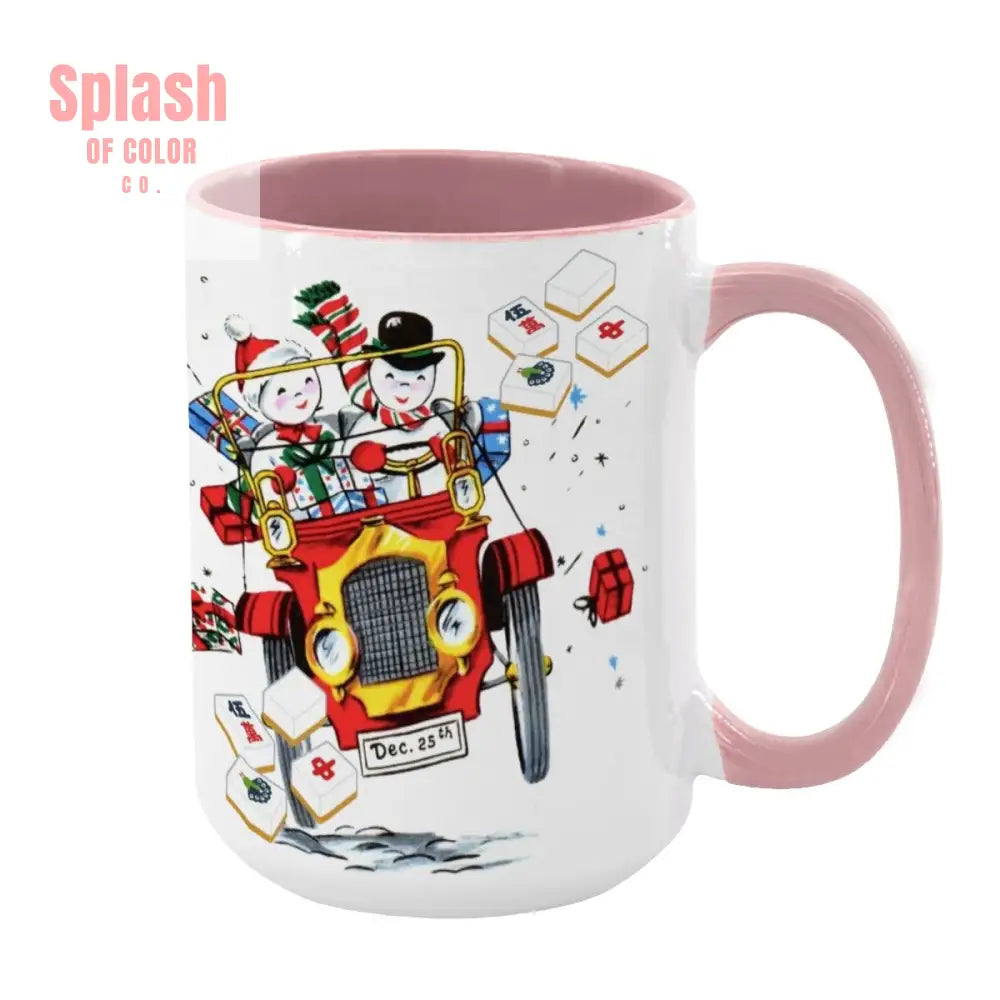 Mahjong Christmas Gift Funny Nostalgic Mahj Holiday Large Mug (15oz) - Pink / One Size - Drinkware