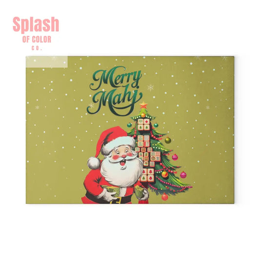 Mahjong Christmas Glass Cutting Board with Whimsical Santa Claus Design And Festive Mahjong Tree 8’’ x 11’’ / Rectangle