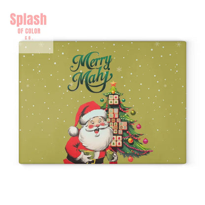 Mahjong Christmas Glass Cutting Board with Whimsical Santa Claus Design And Festive Mahjong Tree Home Decor