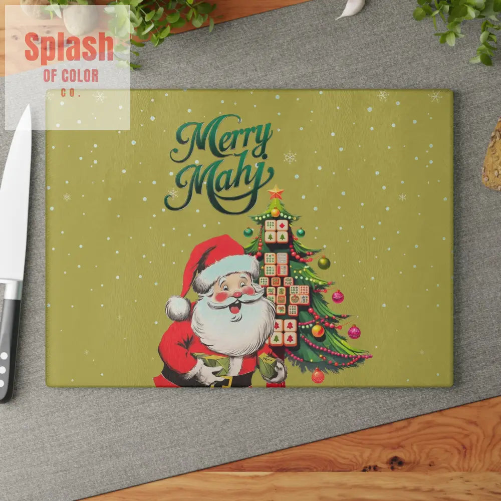 Mahjong Christmas Glass Cutting Board with Whimsical Santa Claus Design And Festive Mahjong Tree 11’’ x 15’’