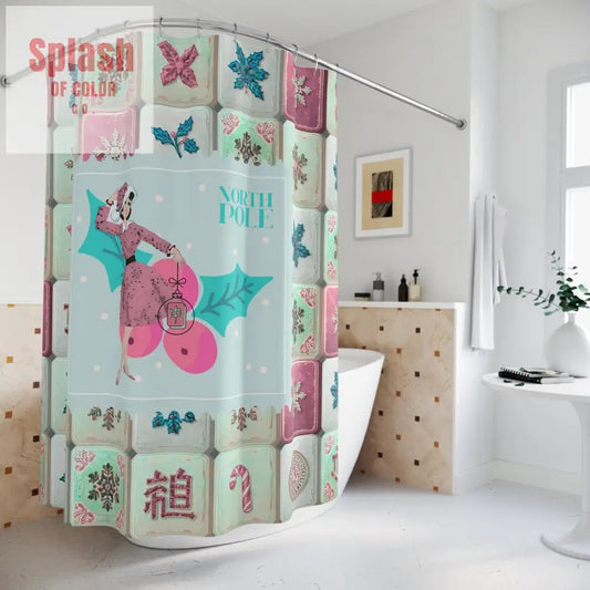Mahjong Christmas Holiday Seasonal Festive Shower Curtain - Vintage North Pole Christmas Decor - Splash of Color co.