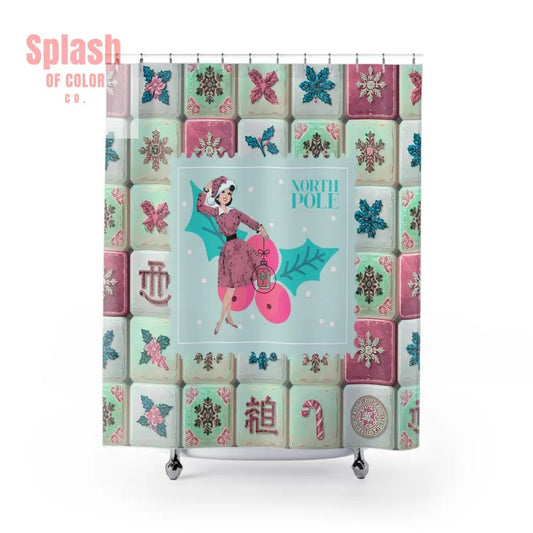 Mahjong Christmas Holiday Seasonal Festive Shower Curtain - Vintage North Pole Christmas Decor - Splash of Color co.