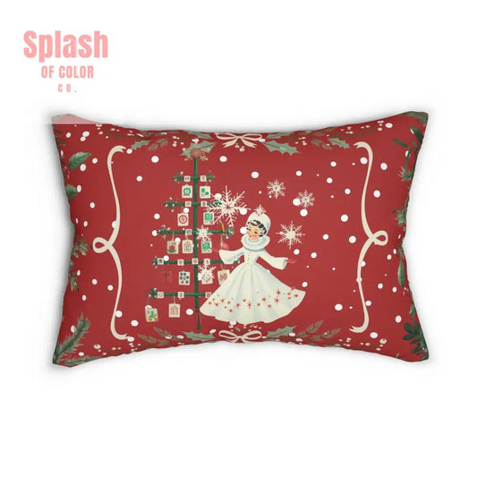 Mahjong Christmas Lumbar Pillow - Festive Holiday Decor with Vintage Snow Girl Design - Splash of Color co.