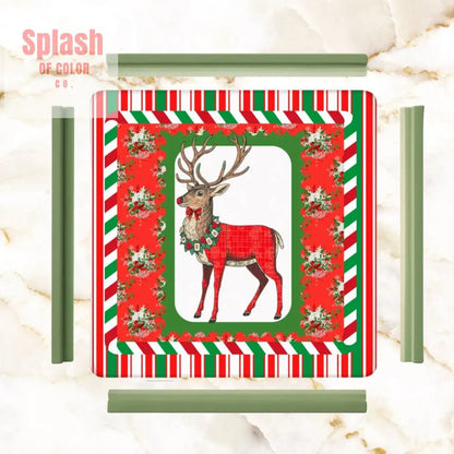 Mahjong Christmas Mat, Majestic Reindeer, Green Red Candy Cane Striped Seasonal Mat - Splash of Color co.