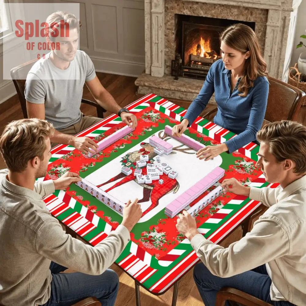 Mahjong Christmas Mat Majestic Reindeer Green Red Candy Cane Striped Seasonal Mat - Daily Accessories