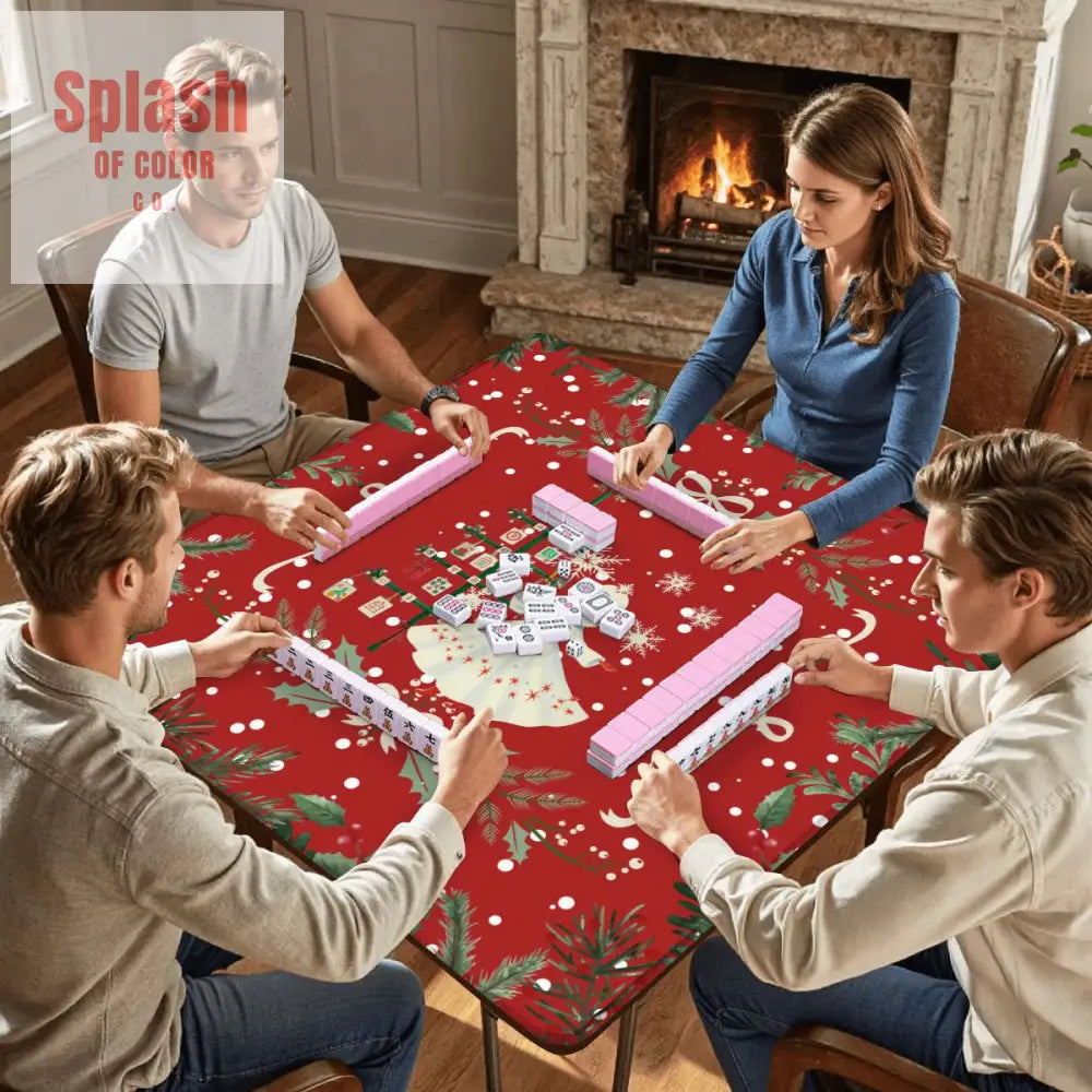 Mahjong Christmas Mat Red Green Festive Whimsical Tree And Vintage Nostalgia - Daily Accessories