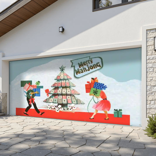 Mahjong Christmas Merry Mahjong Festive Vintage Holiday Garage Door Banner Backdrop - 158’’x70’’ - Home Accessories