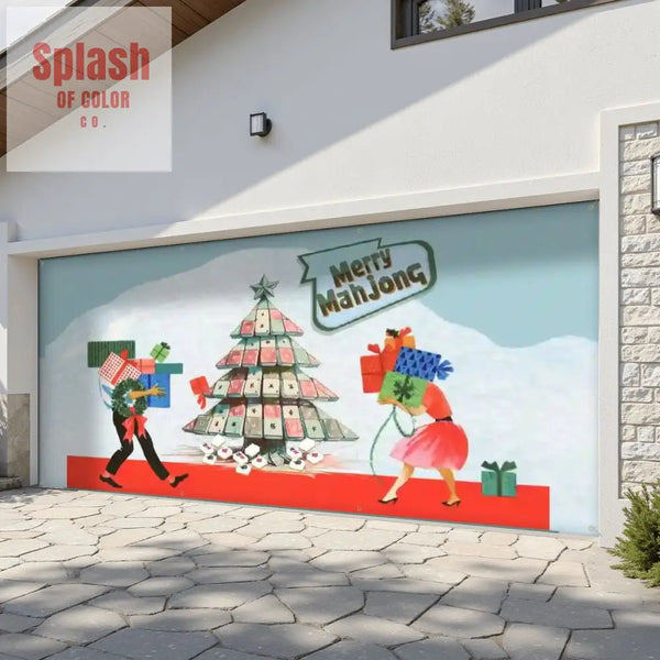 Mahjong Christmas Merry Mahjong Festive Vintage Holiday Garage Door Banner Backdrop - 158’’x70’’ - Home Accessories