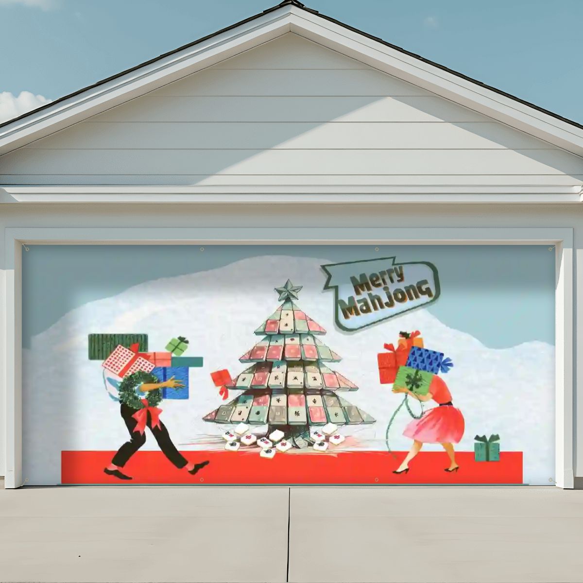 Decorative garage door with Christmas-themed design featuring a tree made of Mahjong tiles and two people carrying gifts.
