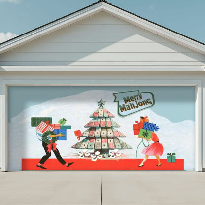 Decorative garage door with Christmas-themed design featuring a tree made of Mahjong tiles and two people carrying gifts.