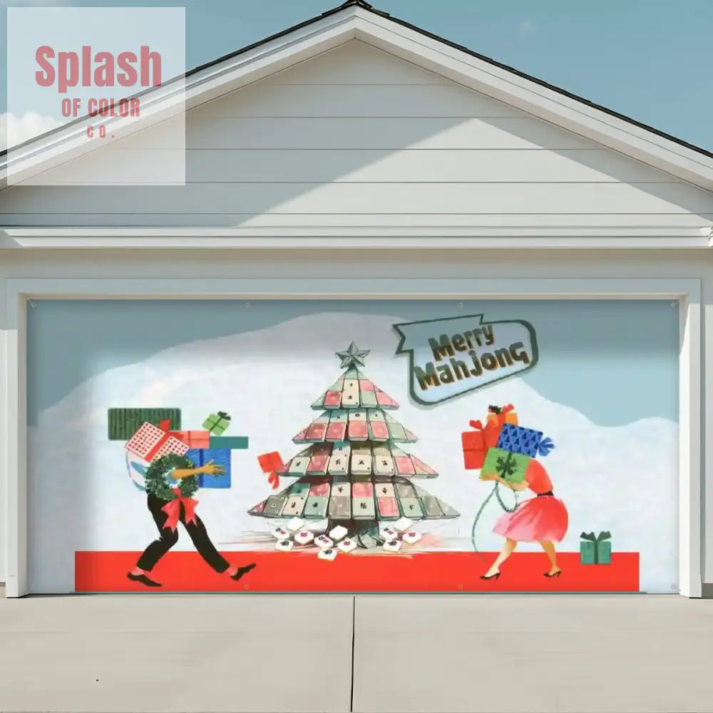 Decorative garage door with Christmas-themed design featuring a tree made of Mahjong tiles and two people carrying gifts.