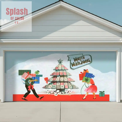Decorative garage door with Christmas-themed design featuring a tree made of Mahjong tiles and two people carrying gifts.