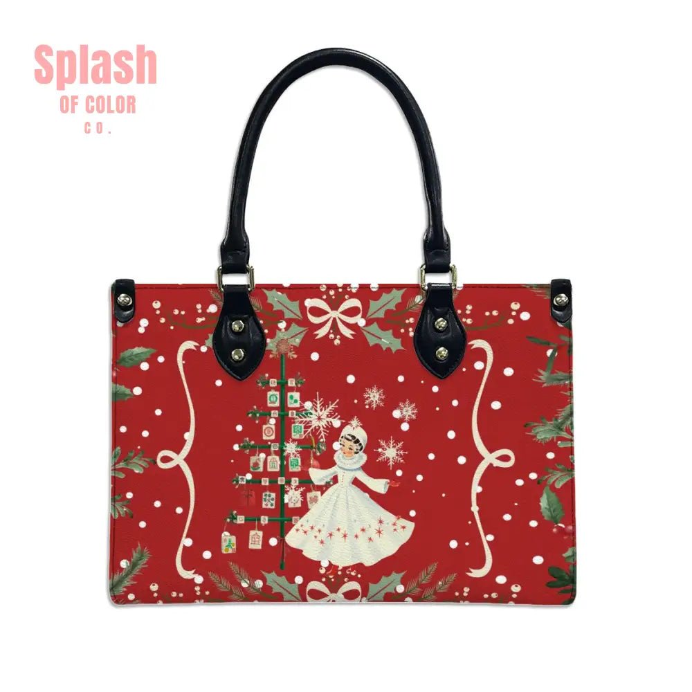 Mahjong Christmas Tote Handbag, Shoulder Bag, Nostalgic Red With Whimsy - Splash of Color co.