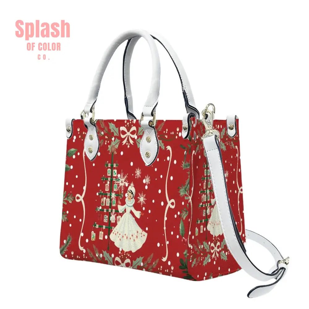 Mahjong Christmas Tote Handbag, Shoulder Bag, Nostalgic Red With Whimsy - Splash of Color co.