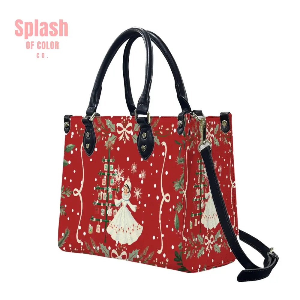 Mahjong Christmas Tote Handbag, Shoulder Bag, Nostalgic Red With Whimsy - Splash of Color co.