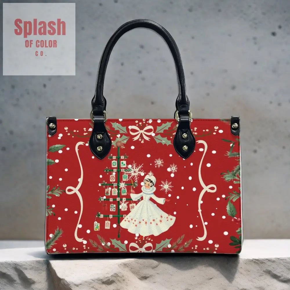 Mahjong Christmas Tote Handbag, Shoulder Bag, Nostalgic Red With Whimsy - Splash of Color co.