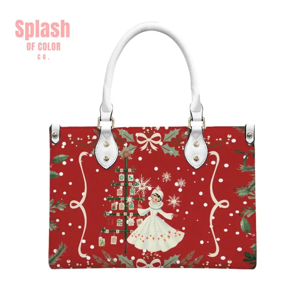 Mahjong Christmas Tote Handbag, Shoulder Bag, Nostalgic Red With Whimsy - Splash of Color co.