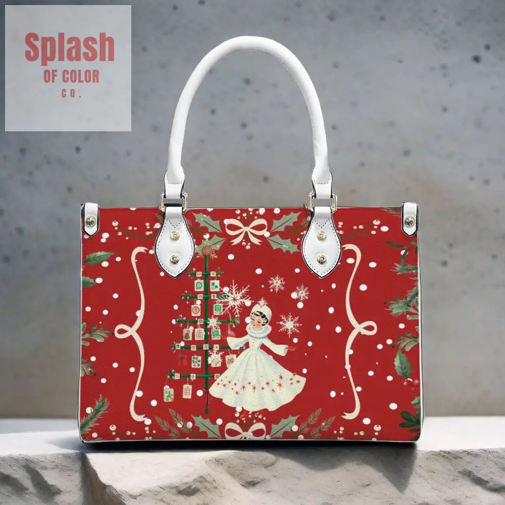 Mahjong Christmas Tote Handbag, Shoulder Bag, Nostalgic Red With Whimsy - Splash of Color co.